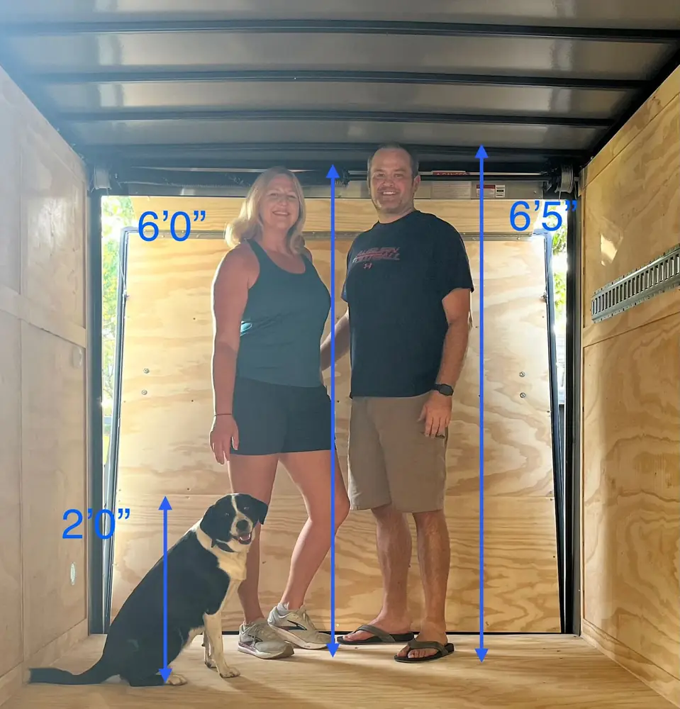 Inside the 7 x 14 ft enclosed trailer showing 6 ft 5 in interior height