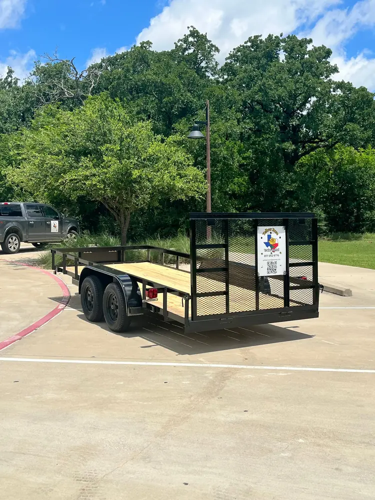 16 ft utility trailer with rear gate up, side view
